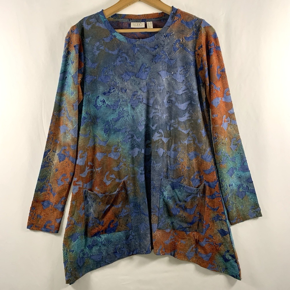 LOGO Womens Textured Asymmetrical  Artsy Tunic Top Sz XS Boho Lagenlook Eclectic
